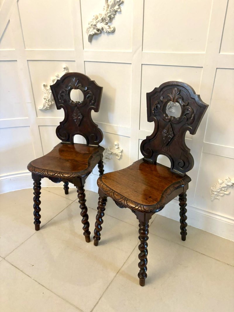 Pair of Antique Victorian Quality Carved Oak Hall Chairs - Image 3